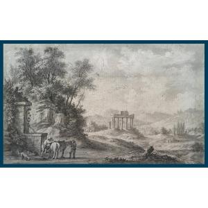 Desfriches Thomas Aignan (1715-1800) "landscape And Riders" Drawing In Black Chalk And Scraping