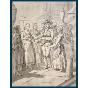 Dutch School 18th Century "the Discussion" Pen And Gray Wash Drawing