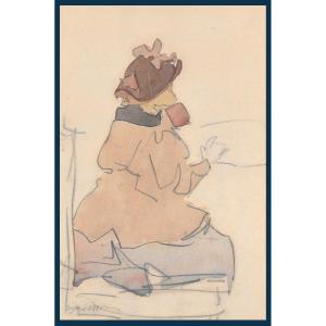Jacques Villon (1875-1963) "little Girl From Behind" Drawing In Black Pencil And Watercolor, Signed