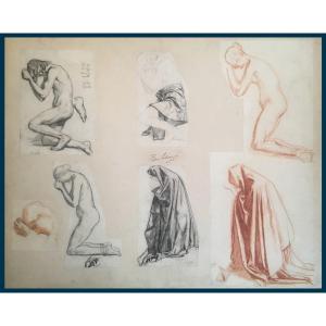 Lehmann Henri (1814-1882) "kneeling Characters: 7 Studies" Drawing/black Pencil,red Chalk,stamp