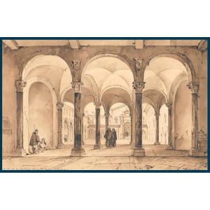 Vianelli Achille (1803-1894) "cloister In Ferrara" Drawing/pencil, Pen, Signed, Provenance, F. Tasso