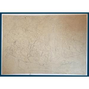 Corot Jean Baptiste Camille (1796-1875) "trees And Rocks" Drawing/black Pencil, Sale Stamp