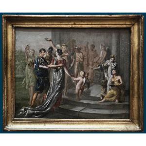 French School Circa 1800 "the Coronation In Antique" Oil/paper Laminated/panel, Frame