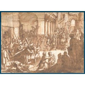 Tempesta Antonio (1555-1630) "christ Carrying The Cross" Drawing/pen, Brown Wash, 19th Century Frame