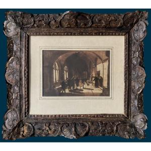 Granet François Marius (1775-1849) "interior Of A Convent" Brown Wash Drawing, 18th Century Frame