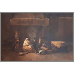 Camoin Paul (1816-1889) "interior Scene" Watercolor, Signed And Dated