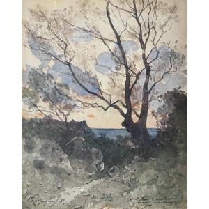 Harpignies Henri (1819-1916) "landscape" Watercolor, Signed And Annotated