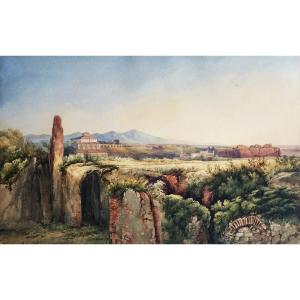 French School Early 19th"roman Countryside Landscape"watercolor, Signed"comtesse De Villeneuve"