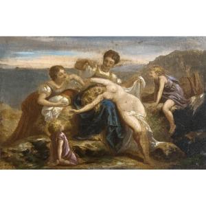 Picou Henri (1824-1895) "female Nude And Characters" Oil On Panel, Signed