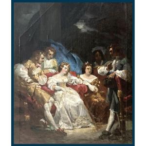 French School Circa 1830 Attr. To Achille Deveria "characters Under Louis XIV" Oil/paper/canvas