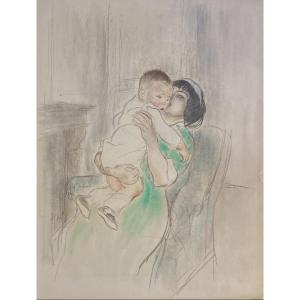 Legrand Louis (1863-1951) "woman And Child" Drawing In Black Pencil And Pastel, Monogrammed