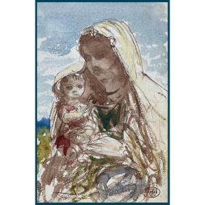 Ziem Félix (1821-1911) "mother And Her Child" Watercolor Drawing, Bears The Stamp/workshop