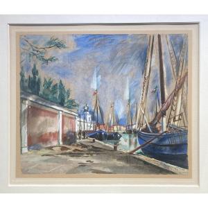 Waroquier De Henry (1881-1970) "la Giudecca In Venice" Large Drawing/watercolor, Gouache, Signed, Located