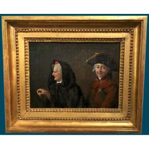 French School Late 18th Century "old Lady And Young Man" Oil On Canvas, Late 18th Century Frame