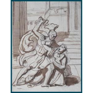 Neo-classic School Late 18th-early 19th "mythological Scene" Drawing In Black Chalk, Brown Wash
