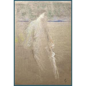 Laurent Ernest (1859-1929) "standing Woman" Pastel Drawing, Signed With The Monogram Stamp