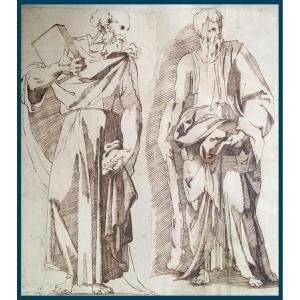 Italian School Florence 16th Century "two Prophets" Drawing/pen, Brown Wash, Provenance/scribe