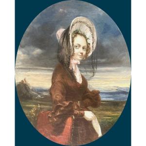 French School Circa 1830 "woman With A Hat" Oil On Canvas, 19th Century Frame