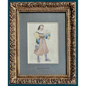 Delacroix Eugène (1798-1863) "troubadour Character" Watercolor, Provenance, Stamp, 18th Century Frame
