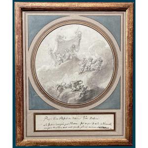 18th Century French School "ceiling Project" Drawing/pen & Gray Wash, Annotated, 19th Frame