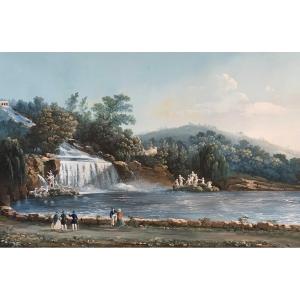 Scoppa Giuseppe (born 1856) 19c "the Cascade Of Caserta" Drawing/large Neapolitan Gouache, Signed