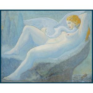 Blin Edith (1891-1983) Active In Brazil "leda And The Swan" Oil/panel, Signed, Frame Circa 1830