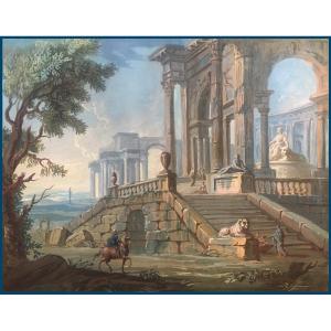Servandoni Giovanni Nicolas (1695-1766), Attr. To "architecture With Rider" Gouache, 18th Century Frame