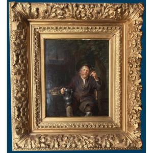 Northern School 18th Century "a Man Drinking" Oil On Panel