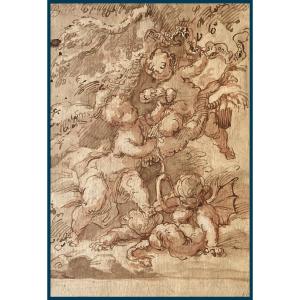 18th Century Italian School "angelots" Drawing/pen, Brown Wash, Red Pencil, 18th Century Frame