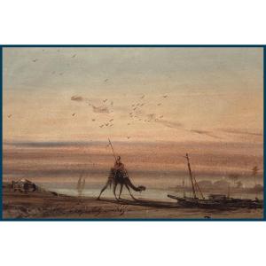 Crapelet Louis-amable (1822-1867) Pupil Of Corot "landscape Of Egypt" Watercolor,signed & Dated