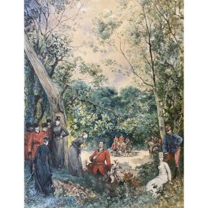 Clairin Georges (1843-1919) "gallantry During The Hunt" Watercolor,signed,dated,with Dedication