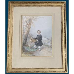 Girard Ernest (1813-1898) "little Boy And Horse" Drawing/gouache, Signed, Located, Dated, Beautiful Frame