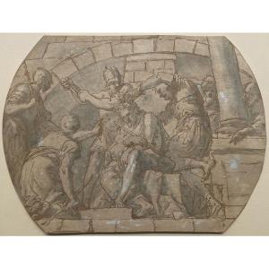 Italian School Early 17c "christ In Outrages" Drawing/pen, Wash, Annotated Castelli, Provenance