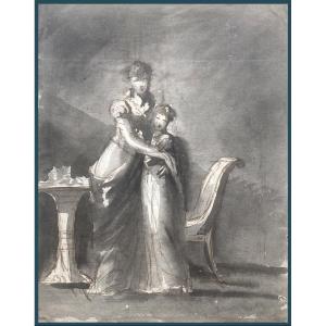 Gaillot Bernard (1780-1847) Pupil Of David "woman And Young Girl" Drawing/pen Gray Wash