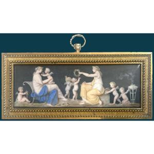 Sauvage Piat Joseph (1744-1818) "two Women And Putti" Gouache, Signed, Original Frame Late 18th
