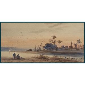 Crapelet Louis-amable (1822-1867) "landscape Of Egypt" Watercolor, Signed, Dated