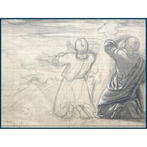 Frenet Jean-baptiste (1814-1889) "kneeling Figures" Drawing/black Pencil, White Chalk, Stamp