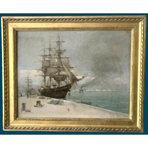 Meissonier Ernest (1815-1891) "boats At The Dock" Oil/panel, Signed/monogram, Dated, 19th Frame