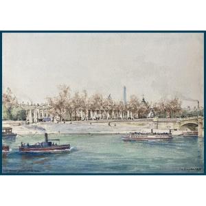 Dauphin Théodore (1849-1917) "the Seine, Pont De La Concorde" Watercolor, Signed And Dated