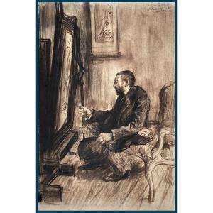 Goeneutte Norbert (1854-1894) "self-portrait" Drawing/black Pencil Signed, Dated. With An Etching