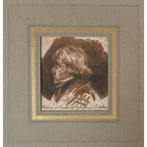 Delaroche Paul (1797-1856) "portrait Of A Man" Ink Wash Drawing, Annotated