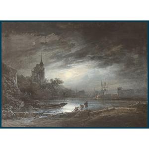 Noel Alexandre (1752-1834) "landscape By Night" Gouache, Signed, Its Frame Circa 1800