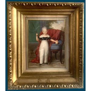 German School From Circa 1820 "portrait Of A Child" Watercolor, Frame From 19th Century