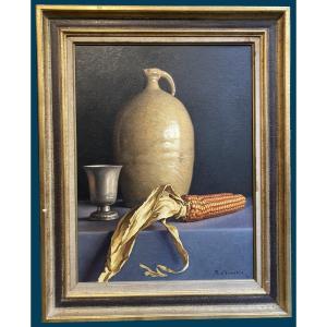 Chancrin René (1911-1981) “still Life With Corn” Oil On Canvas, Signed And Dated, Modern Frame