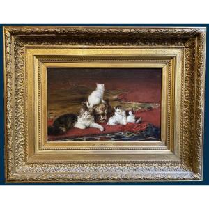 Lambert Louis-eugène (1825-1900) "cats & Tiger's Head" Oil/canvas, Signed, Original 19th Frame