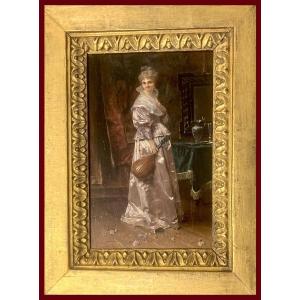 Vinea Francesco (1845-1902) "an Elegant Woman" Oil On Panel, Signed, 19th Century Frame