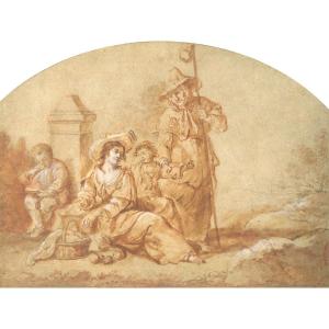 French School Circa 1700 "the Fruit Merchant" Drawing/red Chalk, 18th Century Frame, Provenance