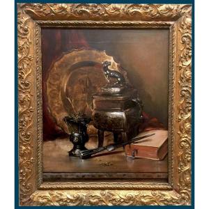 Fanty Lescure Gaston (1849-1914) "incense Burner And Book", Oil/canvas, Signed, Frame Late 19th