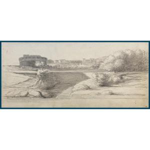 Delaroche Paul (1797-1856) "view Of The Castel St. Angelo Rome" Drawing/black Pencil, Provenance, Stamp