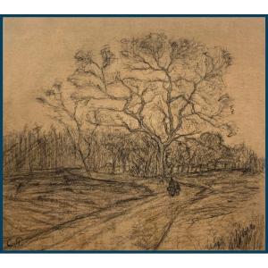 Pissarro Camille (1830-1903) "landscape And Figures" Black Pencil Drawing, Stamp, Frame 19th